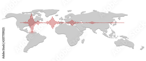 Earthquake waveform and epicenter visualization on world map. Vector illustration.