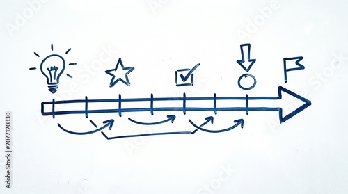 Blue hand-drawn project timeline with milestone steps including an idea bulb, star, checkmark, arrow, and target flag, perfect for business planning.