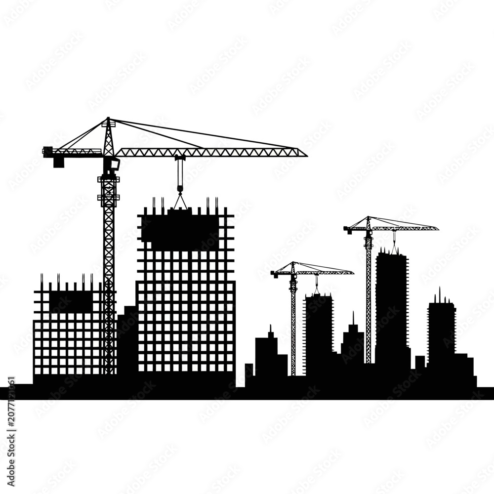 Obraz premium Silhouette skyline with construction cranes building skyscrapers