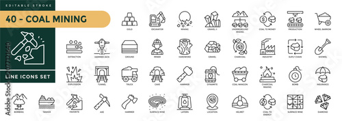 Fotografía A collection of Coal Mining icons set with editable stroke, including wood, miner, cave, charcoal, factory, extraction, fuel, grill, excavator