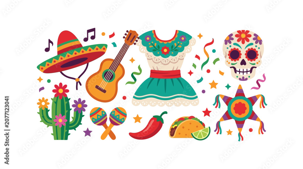 Naklejka premium Vibrant Traditional Festive Elements Flat Vector Illustration Collection