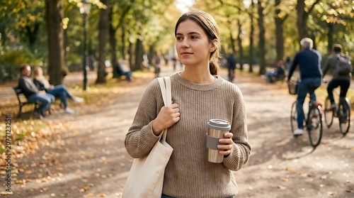 Young woman walking through autumn park with coffee and tote bag