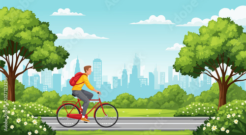 A young man cycling through a lush urban park in this detailed vector illustration design perfect for healthy lifestyle and eco-friendly city commute concepts