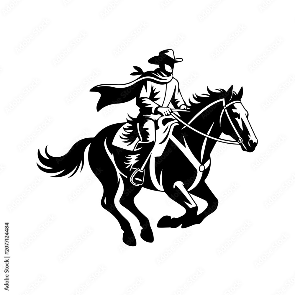 Naklejka premium Bold Black Cowboy Riding Galloping Horse Holding Stick Across Wild Western Landscape Vector