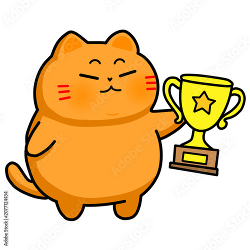 A cute chubby orange cat holding a golden trophy cup celebrating victory and success illustration