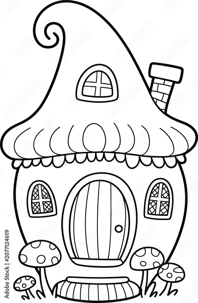 Obraz premium Whimsical fantasy fairy house with mushroom garden coloring page art.