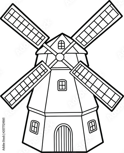 Εκτύπωση καμβά Old windmill building with four sails on checkered background outline