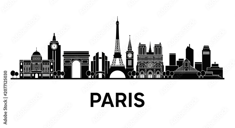Obraz premium Paris skyline silhouette illustration, famous landmark buildings in black.