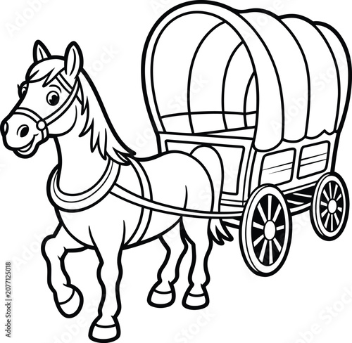 Valokuva Cartoon line art illustration of a cute horse pulling a vintage carriage