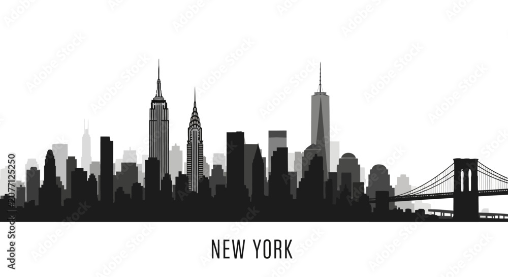 Fototapeta premium New York City Skyline Silhouette - Monochrome Illustration