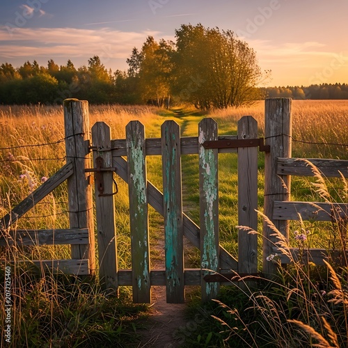 Sunset over rustic wooden fence in rural field.