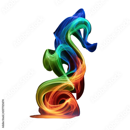 Elegant flamingo formed from flowing rainbow light ribbons, isolated as a high quality PNG with transparent background for tropical and artistic designs.