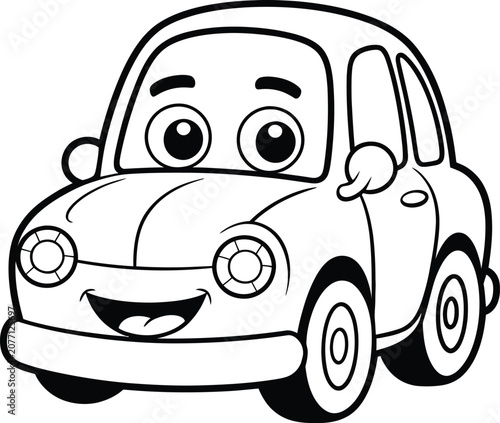Funny cartoon car character with happy smile coloring book illustration.