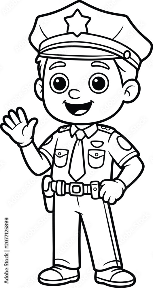 Fototapeta premium Police officer waving hand wearing uniform and badge line art coloring page.