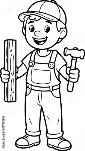 Handyman construction worker holding wooden board and hammer line drawing.
