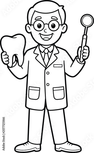 Dentist holding tooth and dental mirror equipment line art coloring page.