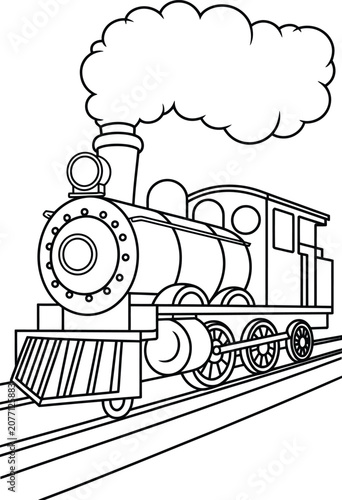 Old steam train on railway tracks outline vector illustration for coloring book.