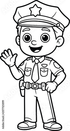 Police officer waving hand wearing uniform and badge line art coloring page.