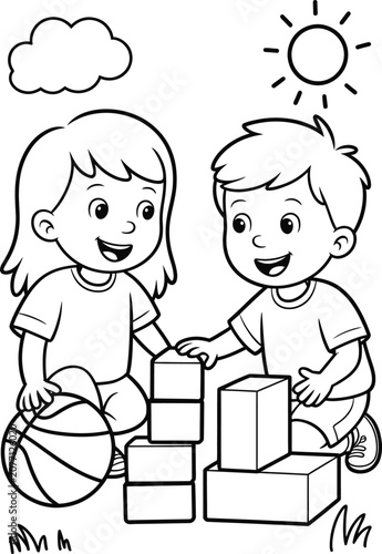 Little children playing with colorful blocks and ball illustration art style.