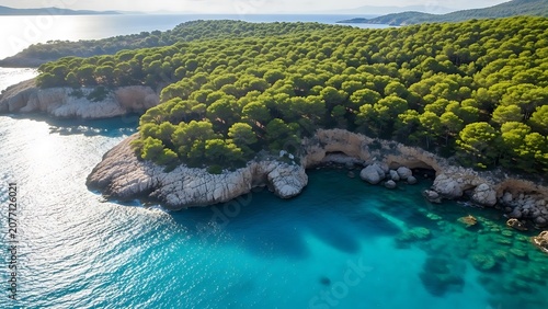 Tropical island with lush green vegetation and clear water.