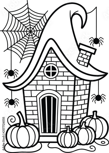 Spooky haunted house with spider webs and pumpkins for halloween celebration.
