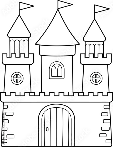 Middle age classic castle building with three towers and flags illustration.