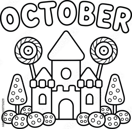 October candy castle coloring page with lollipops and sweet trees art.