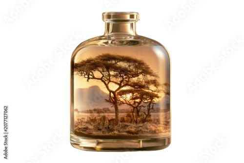 Golden African savannah landscape with acacia trees preserved inside a decorative glass bottle, isolated as a high quality PNG with transparent background.