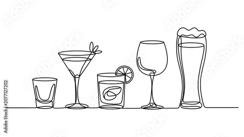 Cuadro en lienzo Continuous single line drawing of various alcoholic drinks including beer glass