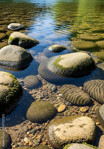 Turtle swimming in clear freshwater stream.