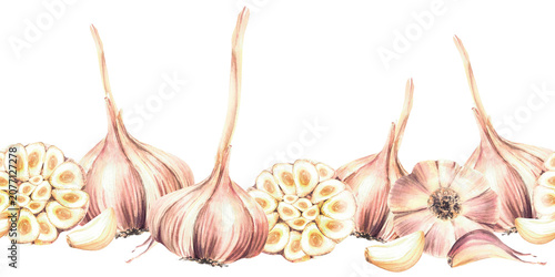 Φωτογραφία Garlic bulbs, whole and cut with cloves seamless border