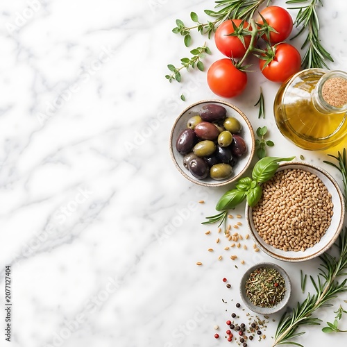 Mediterranean Diet Ingredients on White Marble for Heart Health