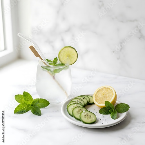 Refreshing Cucumber Coconut Water and Lemon on White Marble