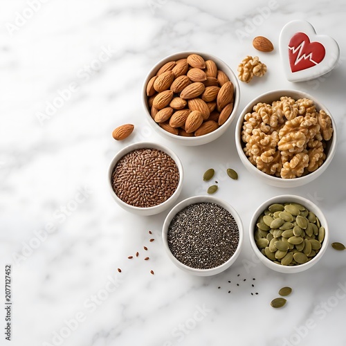 Healthy Nuts and Seeds on White Marble for Heart Wellness