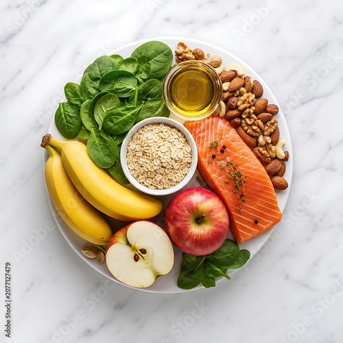 Healthy Foods Circle with Salmon Fruits and Oats on White Marble