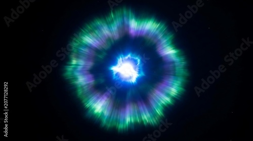 Vibrant cosmic explosion featuring glowing green and purple nebular gases swirling around a brilliant white star center in the deep dark expanse of outer space