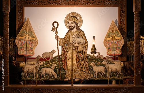 Jesus the Good Shepherd in Traditional Javanese Wayang Kulit Shadow Puppet Art with Sacred Christian Symbolism