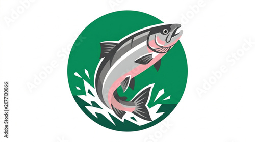  Flat design silver salmon fish vector icon on colorful circular badge representing modern river fly fishing app and organic seafood symbol
