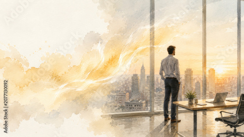 Whispers of the Holy Spirit Series – Entrepreneur Guided by Faith, Minimalist Watercolor Illustration