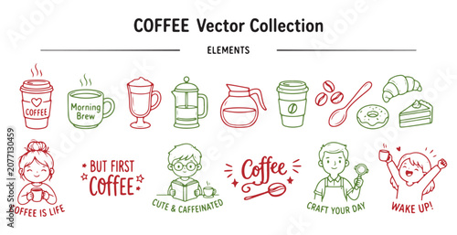 Collection of coffee vector illustrations and phrases in red and green