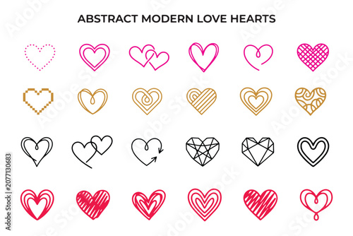 Collection of abstract modern love hearts in various styles and colors