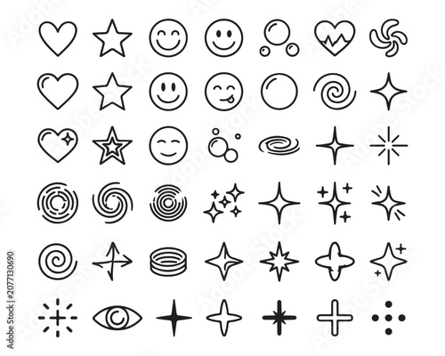 A set of various black line art icons including hearts, stars, smiley faces, and other decorative elements
