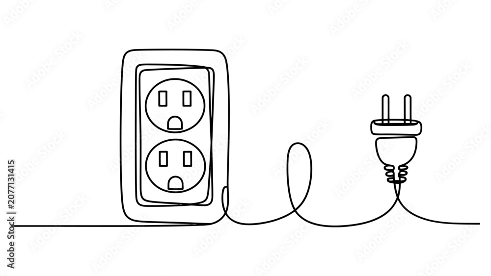 Obraz premium Continuous single line drawing of an electrical wall outlet with a plug and power cord