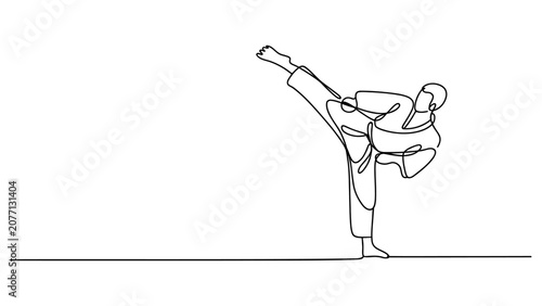 Foto Continuous single line drawing of a martial arts athlete performing a high kick