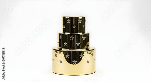 Three-tiered golden decorative object adorned with white star patterns on a plain white background.