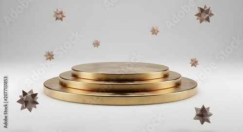 Three-tiered golden circular podium on a clean white background with floating geometric star shapes, perfect for product display.