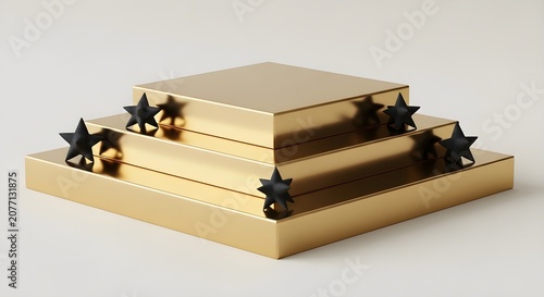A golden tiered display stand with black star decorations on a white background.