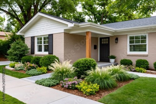 Modern house exterior with updated landscaping and front yard