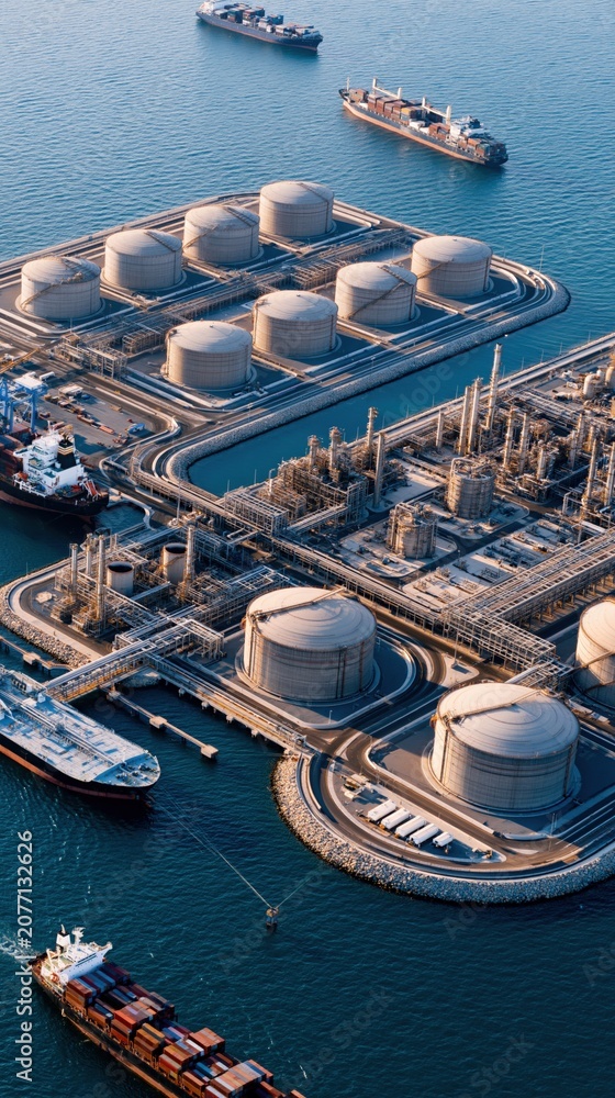 Obraz premium Aerial View of a Large Industrial Port with Tank Farm, Ships, and Pipelines