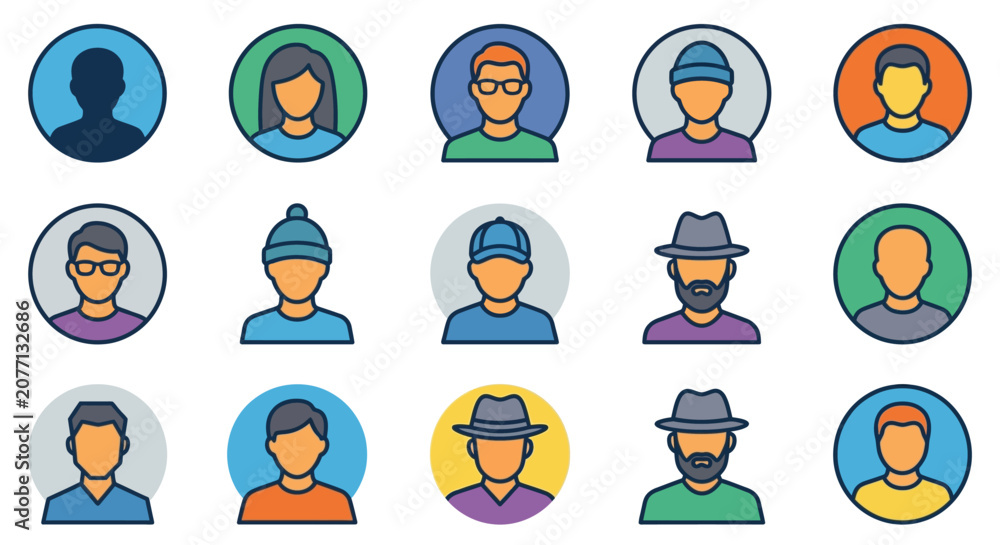 Fototapeta premium Creative Set of 15 Colorful and Stylish Flat Design Icons of Diverse People with Unique Headwear and Accessories